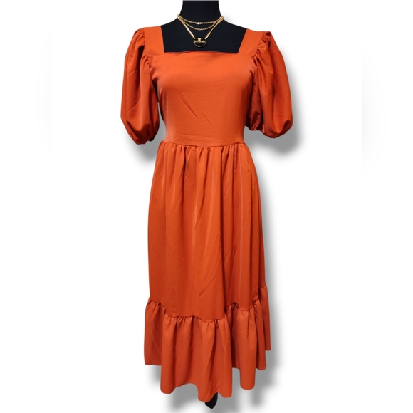Cute Orange Bow Decor Puff Sleeve Maid Dress